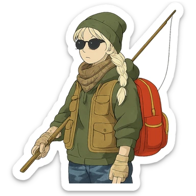 1 female, long white braid, knit cap, dark sunglasses, shemegh neckwrap, fishing vest, vibrant shool backpack, drab hoodie, handwraps, blue camo pants, holding a wooden stick fishing pole, unkempt, stoic sticker
