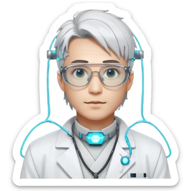 Cyberpunk scientist, Japanese male, high-tech glasses, glowing data reflection on lenses, lab coat collar, neural interface on temple, white neon lighting sticker