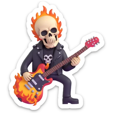 heavy metal skull with flames, electric guitar, leather jacket sticker