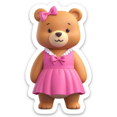 cute bear in a pink dress with bows, standing in front of a tall ornate mirror in a pastel room, 3D iOS emoji style, rounded, bright colors, playful and soft look sticker