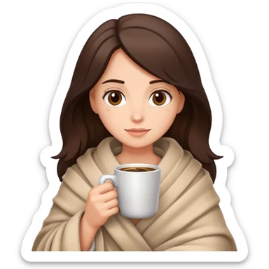 brunette girl holding a coffee, wrapped in a blanket sticker