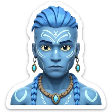 avatar-style Na’vi male portrait, head and shoulders only, blue skin, bioluminescent markings, strong face features, braided hair, tribal necklace, heroic expression, 3D cartoon, mobile game icon style, clean background, no text, no watermark
 sticker