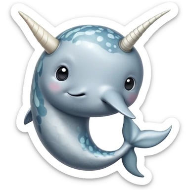Cinematic Noble Cute Narwhal Portrait Emoji, Poised and graceful, with a streamlined, gently curved body clad in mottled, silvery-gray skin, accented by a long, spiraled ivory tusk and wide, expressive eyes radiating playful intelligence, Simplified yet sharp and sophisticated features, highly detailed, glowing with a cool, frosted ocean glow, high shine, intelligent and enigmatic, stylized with an air of whimsical marine majesty, focused and graceful, soft glowing outline, capturing the essence of a watchful and confident cute narwhal that appears ready to glide out of the screen with effortless charm! sticker