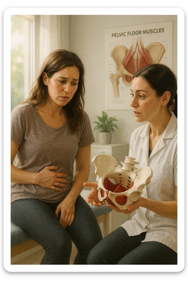 A realistic, cinematic illustration of a woman in her mid-30s with a thoughtful, slightly worried expression, sitting in a bright, modern physiotherapy clinic. She is wearing comfortable leggings and a loose top, with one hand resting gently on her lower abdomen, indicating discomfort. The scene shows a caring female pelvic floor physiotherapist explaining with a pelvis anatomical model, while the woman listens attentively but visibly concerned. In the background, soft natural light enters through the window, and an anatomical poster of pelvic floor muscles is visible on the wall. The environment is warm, clean, and reassuring, emphasizing the sensitivity of pelvic floor disorders while promoting trust and awareness in seeking help sticker