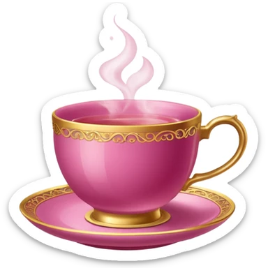 dark pink teacup, placed on a matching pink saucer, with gentle steam rising from the cup, golden details sticker