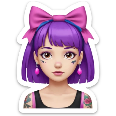 girl with bangs and purple hair and pink hairbow on the side of head and earrings and tattoos sticker