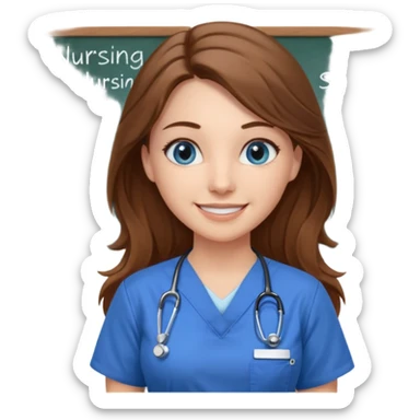 inside a classroom at university that says nursing school on the board with a pretty female nursing student with long brown hair, blue eyes sticker