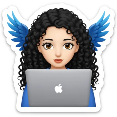 a girl using the mac book air with long black curly hair and brown eyes with winged black eyeliner sticker