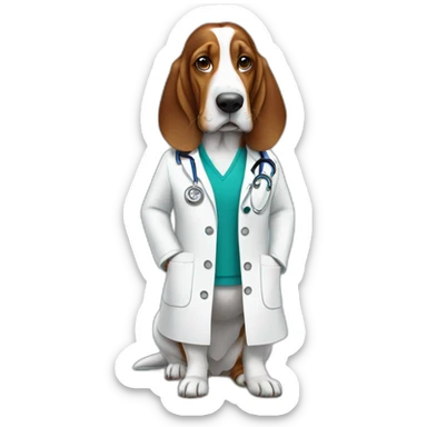 female Basset-Hound using a doctor coat sticker