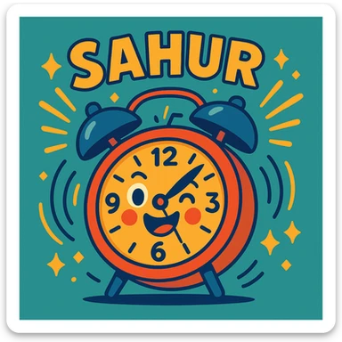 cheerful cartoon alarm clock ringing with the words 'Sahur' in a festive Ramadan style, vibrant colors, energetic motion lines, joyful mood sticker