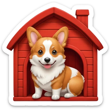 a corgi dog resembling the real Apple emoji dog inside a red dog house sticker