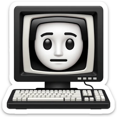 White and black 80s computer with face sticker