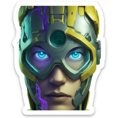 Secret human yellow emoji face agent with  cyberpunk elements with a spyglass scanning looking reviewing multicolor lines of code, cyan and purple colors, only upper body portrait sticker