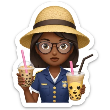 A Angry Teen Female with Dark skin and Bald, oval face, wearing a Uniform outfit, a Sunhat, Sunglasses, carrying a Enchanted staff, working as a teacher, while drinking Bubble tea and reading a Comic.
 sticker