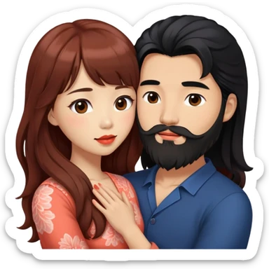 handsome mysterious asian man with long black hair and beard, hugging cute tan skin woman with long wavy reddish brown hair with bangs and coral lipstick sticker