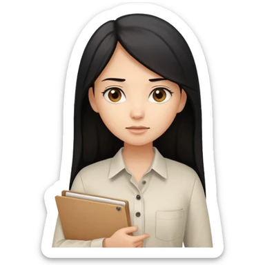 a light tan woman with long black hair past mid-back, round brown eyes, white button up v shirt, and manila folder in her hands. sticker