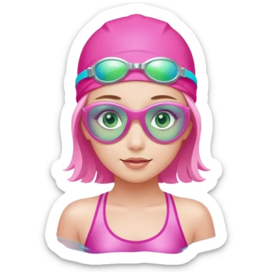 pretty girl with green eyes pink swim cap holographic swimming glasses and cute profesional swimmer pink swimsuit without her hair visible swimming sticker