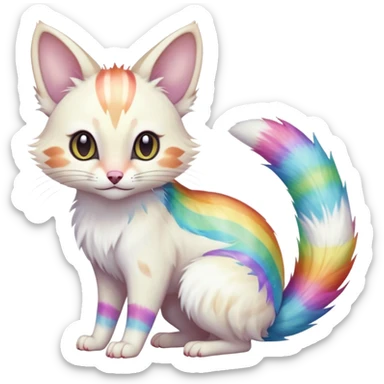  cute adorable white albino fur with random colorful iridescent rainbow markings beautiful elegant pretty precious cute  Fakémon-Pokémon-opossum-feline-serval-caracal-chinchilla-Minccino-hybrid-creature with a big fluffy bushy striped tail (full body) sticker