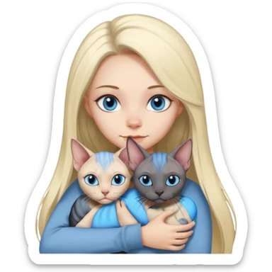 girl with long split-dye hair half blonde half black and blue eyes cuddling two grey sphynx cats emoji style sticker