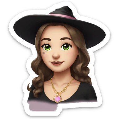Witchy brunette haired green eyed lightly freckled white girl with a witty smile a gold necklace and a black witch hat with a baby pink bow sticker