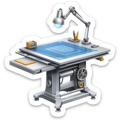 An icon featuring an engineering drafting table with a blueprint, a ready machine, and microchips, symbolizing engineering. The design includes gears, tools, and circuit boards, representing the design, creation, and innovation in technology. Transparent background highlights the science of building sticker