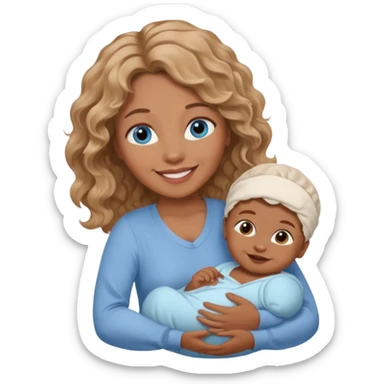 Light brown white wavy haired mom and blue eyeswith brown skinned newborn baby sticker