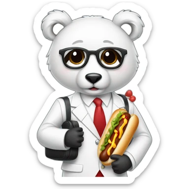 A professor with white suit and red tie and a panda face eating a hotdog and holding a black suitcase sticker