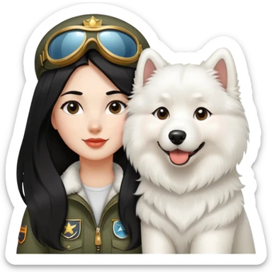 a aviatic girl with long black  hair and a samoyed sticker