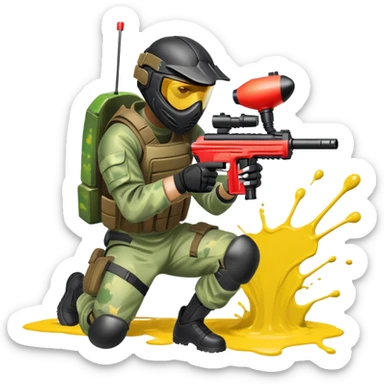 A paintball player in full gear, aiming a paintball gun with focus and determination. The scene includes vibrant splashes of paint and a dynamic battlefield setting, emphasizing action, strategy, and teamwork in a competitive environment sticker