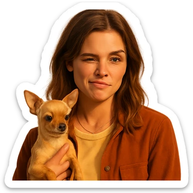 Portrait of a woman inspired by the facial features visible in the reference images, with a tanned complexion and subtle freckles. She wears a shirt in color #FFF8CA and a rust-colored jacket. Her hair is medium-length brown with auburn highlights. She has a rebellious and playful expression, holding a beige-brown chihuahua. The style is inspired by a Netflix series, with a transparent background. The lighting and color ambiance are inspired by Tenerife, with a touch of emotion and authenticity like an Instagram diary. sticker