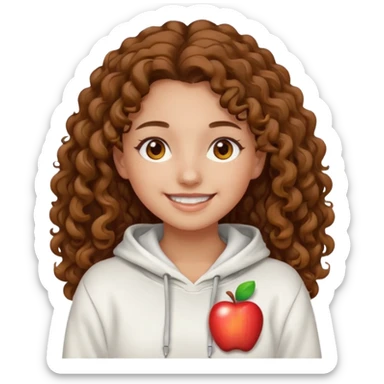 Una ragazza con una felpa semplice bianca,ha gli occhi marroni,i capelli marroni  , c’è gli ha lunghi e ricci  e ha le ciglia lo stile dell immagine deve essere  stile emoji apple sticker