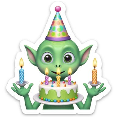 A cute friendly alien holding a birthday cake with candles, big expressive eyes, bright colors, cartoon style, playful atmosphere, 3D animated look, Pixar-inspired, highly detailed
 sticker