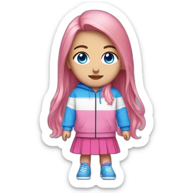 32x32 pixel art, 1 individual, full body visible, white background  pink, long hair bright blue eyes pink track jacket black japanese skirt sticker