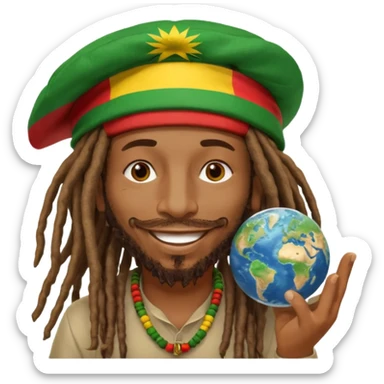 A rasta man bigging up di whole world 🎯🌍👊🏾👊🏻👊🏿🌍🎯 reggae vibes 🎶, love and unity ✨💛💚❤️, every nation stand strong 🇯🇲🌐 with the world in his hand fully of energy and it's obvious reggae music heals the soul maybe put it in text above his heard sticker