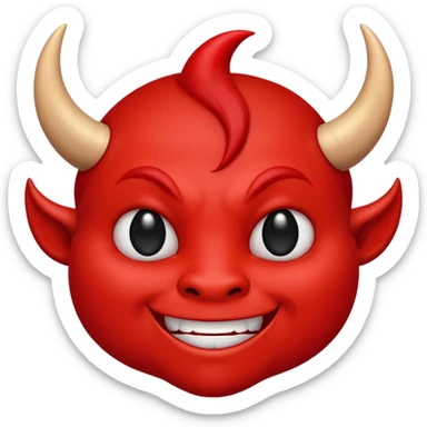CARTOON STYLE EMOJI of a RED DEVIL FACE with small HORNS pointing up, BLACK EYES, and a MISCHIEVOUS SMILE. The entire face is RED with a smooth glossy texture. BACKGROUND is PURE WHITE, clean and simple. sticker