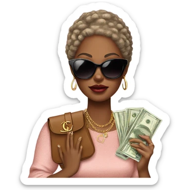 African american diva with gucci sunglasses on  holding a Louis Vuitton bag with money sticker