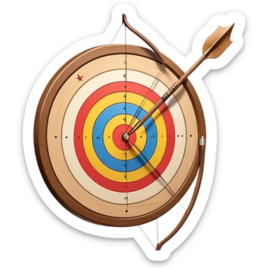 A professional recurve bow with an arrow nocked, ready to be released. The target features concentric rings, placed at a distance. The emphasis is on the bow, arrow, and target, highlighting the precision, focus, and skill involved in competitive archery. sticker