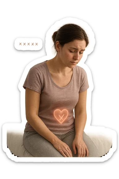 3D realistic medical illustration: a young woman in her 20s or 30s sits on the edge of a bed in a softly lit bedroom, looking thoughtful and slightly concerned. She wears comfortable loungewear, her posture is slouched, and her expression is subdued. Subtle visual cues—such as a faded calendar with missed menstrual cycles and a dimmed heart or energy icon near her abdomen—symbolize low libido and amenorrhea. The scene is realistic, intimate, and empathetic. sticker