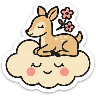 feminine adult vanilla cloud doe with rosy cheeks and cherry flowers, floating gracefully, minimalist style, brand identity, social media sticker