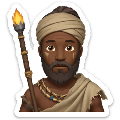African ancient man, tattered cloth with raw stick weapon, beard and bold sticker