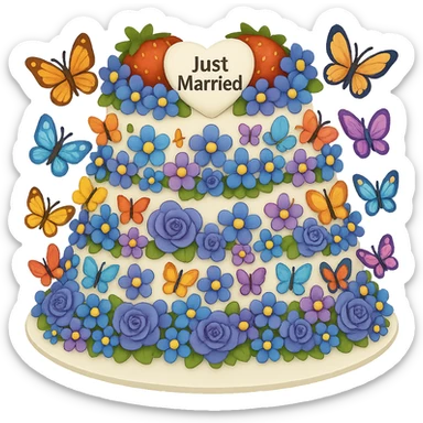Add small colorful butterflies to the white wedding cake with strawberries, blue and purple flowers, and 'Just Married' topper. Style: emoji style. Remove background. sticker