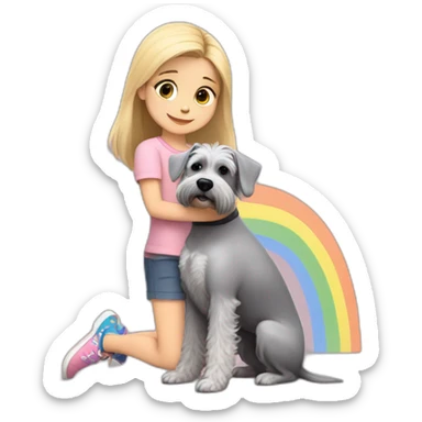 A seven-year-old girl with blonde hair in a light pink T-shirt and rainbow leggings hugs a gray Schnauzer dog sticker