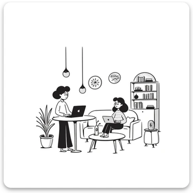 escenary 3d of a cozy mid-century living room with two people working on laptops, one man standing at a desk, and one woman sitting on a couch sticker