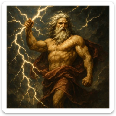 Zeus in a dramatic storm, lightning crackling around him, mythological illustration, powerful and dynamic sticker