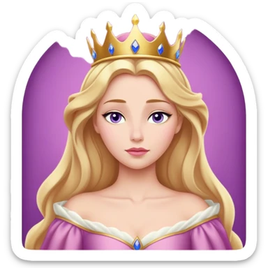 Cinematic Realistic Sleeping Beauty (Aurora) Portrait, with porcelain-like skin featuring a natural rosy flush, illuminated by soft lighting that highlights the gentle contours of her face. Her golden blonde hair flows in soft, detailed waves with subtle highlights that shimmer in the light. Her deep violet-blue eyes radiate warmth and innocence, framed by arched brows and long lashes. Her serene expression exudes quiet elegance. She is dressed in her classic pink gown, the fabric rich in texture with delicate folds that catch the light. A golden crown rests atop her head, gleaming with royal refinement. The portrait captures a soft, glowing aura, blending realism with an ethereal sense of beauty and timeless enchantment. sticker