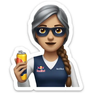 White woman with brown hair working with Red Bull sticker