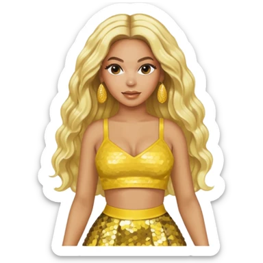 Beyonce with long platinum blonde hair, yellow sequin crop top yellow sequin skirt, gold earring sticker