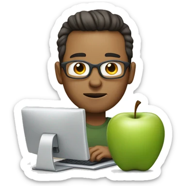 Graphic designer about 40 years old, man, with white skin bordering on tan, without glasses and dark brown hair, using an apple computer while he creating branding  sticker
