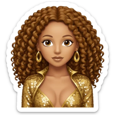 Mel B from Spice Girls with long brown curly hair, gold sequin outfit sticker