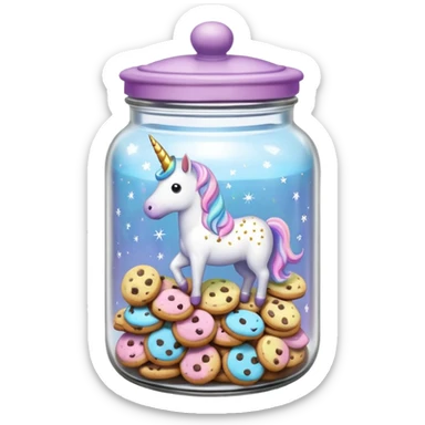 A sparkly pastel chewy chocolate chip unicorn cookie in an organized jar, saying "Cookie Jar" with some small illustrations on the jar to indicate there's cookies stored instead sticker